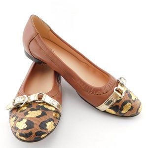 New AGL Brown Leather Belted Leopard Cap Toe Ballet Flats 37.5